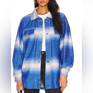 Free People Jacket Blue White Deep Sea Ombré Grunge Shacket Winter Coat Boho, XL